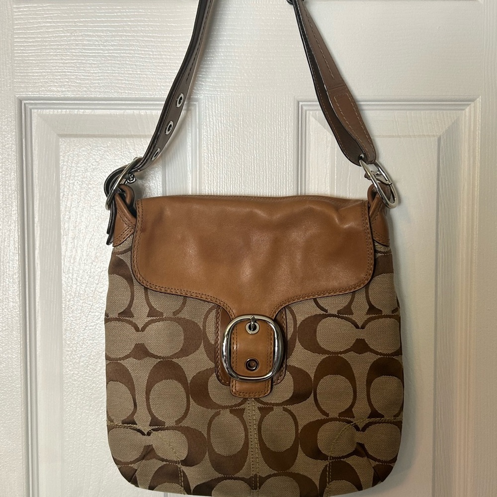 Coach Tan and Brown Signature Jacquard Crossbody Bag